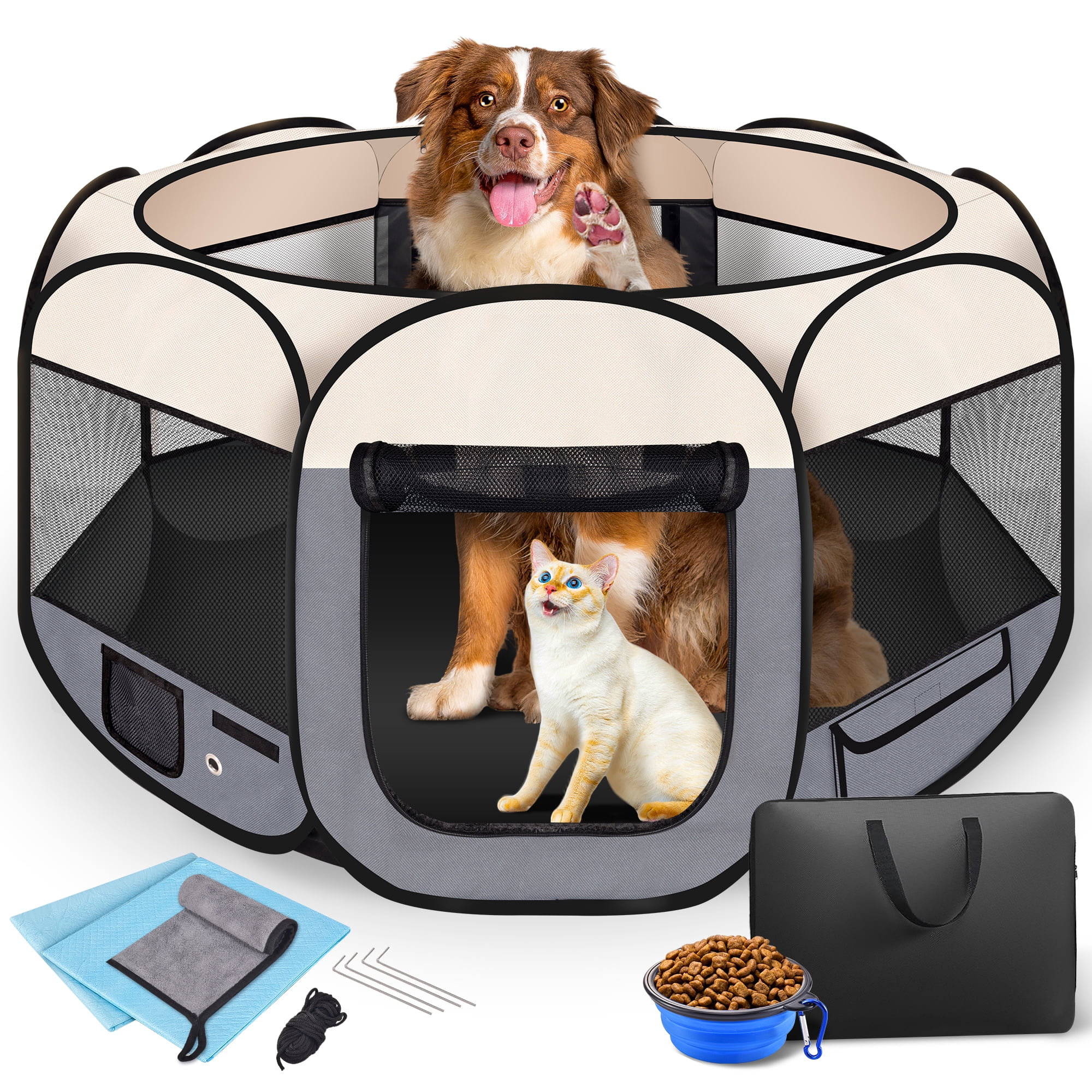 Large Pet Playpen for Dogs & Cats, 45"/ 114CM Diameter 23"/60CM Height Pet Playpens Foldable Portable Indoor Outdoor Exercise Pen with Carrying Case for Cat Puppy Rabbit, Gray