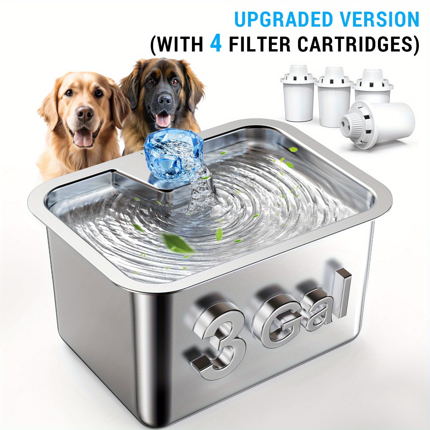 Large Pet Water Dispenser 3 Gallon/11.4L Stainless Steel, Automatic Drinking Bowl for Multiple Dogs, Wide Area, 2/4 Filters, Easy Clean, Silent pump