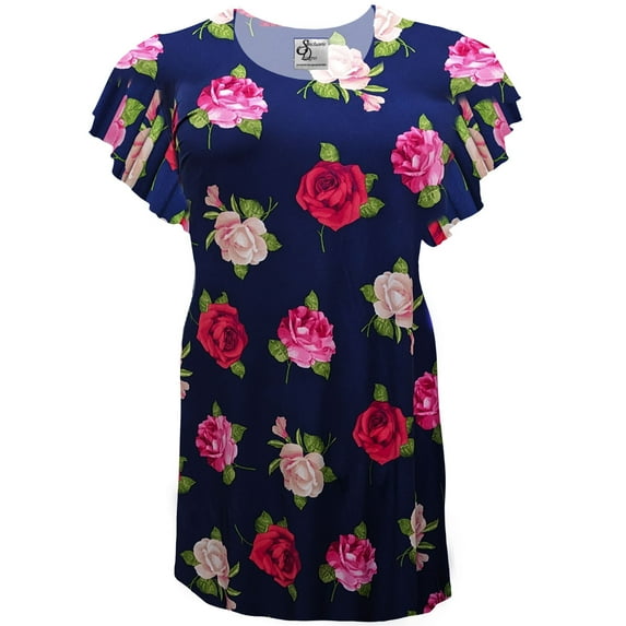 Large Petite Womens Rose Bloom Sea Designer Print Tunic Tops Casual Ruffled Sleeve Shirts Blouses