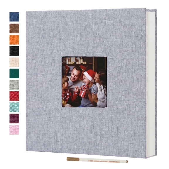Large Photo Album Self Adhesive, 3x5 4x6 5x7 8x10 Pictures Magnetic Scrapbook 60 Blank Pages, Linen Cover DIY Album with A Pen, Light Gray
