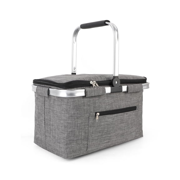 Large Picnic Basket, 30L Insulated Picnic Basket with Lid, Leak-Proof Folding Picnic Basket with Handle, Insulated Cooler Bag for Shopping Travel Camping Grocery(Black, 16.9x11x9.8 in)