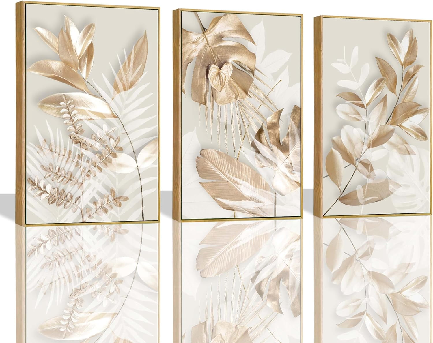 Large Picture for Living Room 3 Pieces Modern Gold Flowers and Leaves ...