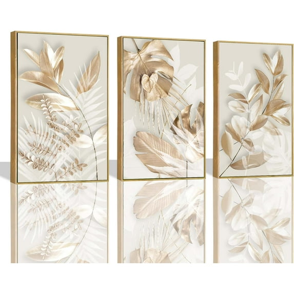 Large Picture for Living Room 3 Pieces Modern Gold Flowers and Leaves Canvas Wall Pictures White and Gold Wall Art for Bedroom Decor Elegant Wall Decor Set of 3 Wall Art Unframed