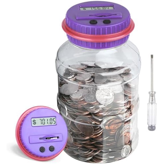 Large Piggy Bank for Adults Kids,  Digital Coin Counting Bank with LCD Counter, 1.8L Capacity Coin Bank Money Jar for Adults, Designed for All US Coins (Purple)