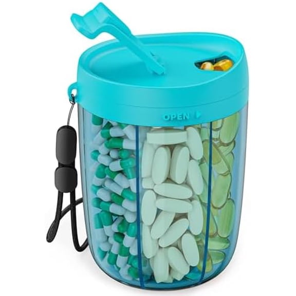 Large Pill Bottle Organizer, Supplement Organizer for Holding 6 Various Vitamins, Pill Box Case with Anti-Mixing & Wide Opening Design, Easy to Retrieve Meds and 20 Pcs Stick-on Labels, Blue