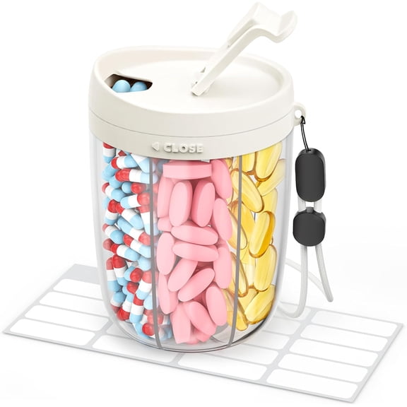 Large Pill Dispenser with 6 Compartments, Anti-Mix Pill Bottle Organizer with Wide Opening & Easy Retrieval, Vitamin Organizer for Travel, BPA-Free Pill Box with a Strap, White