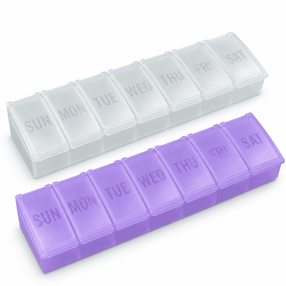 Large Pill Organizer, Bug Hull 2 Pcs Weekly Pill Organizer, 7 Day Pill Case, Travel Medicine Organizer, Purple & White