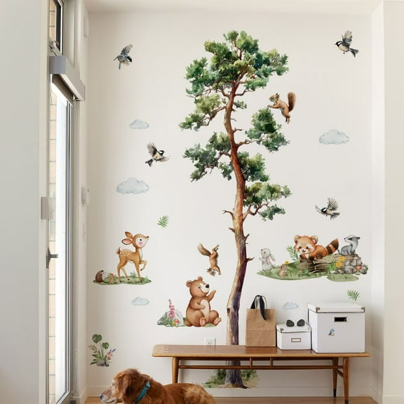 Large Pine Tree Wall Decal Forest Animal Wall Stickers Woodland Animals Bear Decor Waterproof Peel and Stick Wall Murals Decals for Nursery Boys Bedroom Classroom (Jungle Pine Tree)