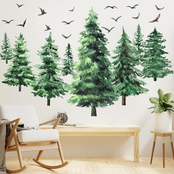 Watercolor Pine Tree Wall Decals Large Peel and Stick Forest Wall Decal Woodland Birds Branch Sticker Christmas Tree Stickers for Nursery Bedroom Living Room