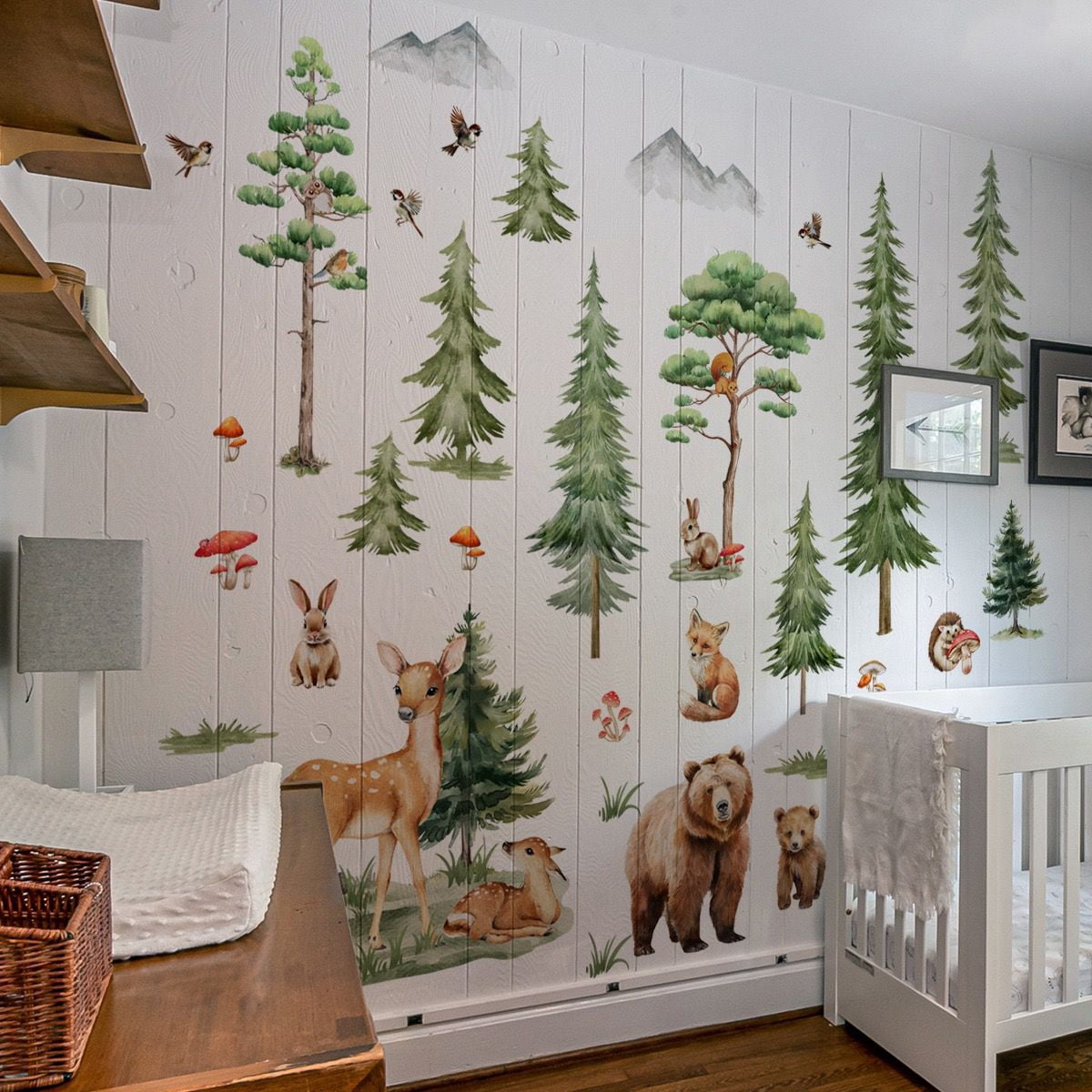 Large Pine Tree Woodland Wall Decals Forest Animal Bear Deer Wall Stickers DIY Removable Peel and Stick Wall Art Decals Kids Room Baby Nursery Bedroom Wall Decor