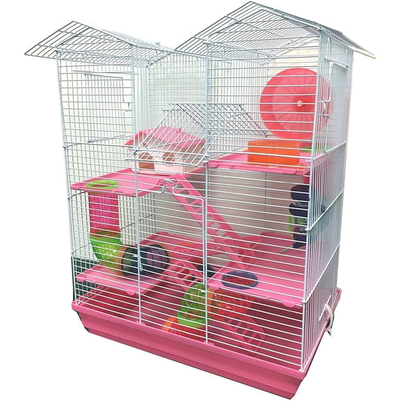 Pink Large Multi-Level Hamster Critter Palace With Play Tube Mouse Habitat Home Rodent Gerbil House Mice Rat Wire Animal Cage