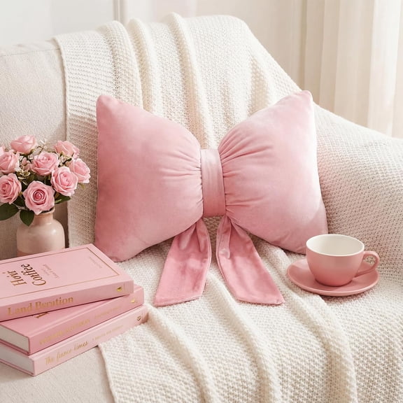 Large Pink Bow Pillow 18 x 16 Inches Velvet Bownot Throw Pillow Decorative Cute Coquette Bow Cushion Butterfly Shaped Decor for Wedding Dorm Room Bed Aesthetic Anniversary Sofa Couch Car Gift