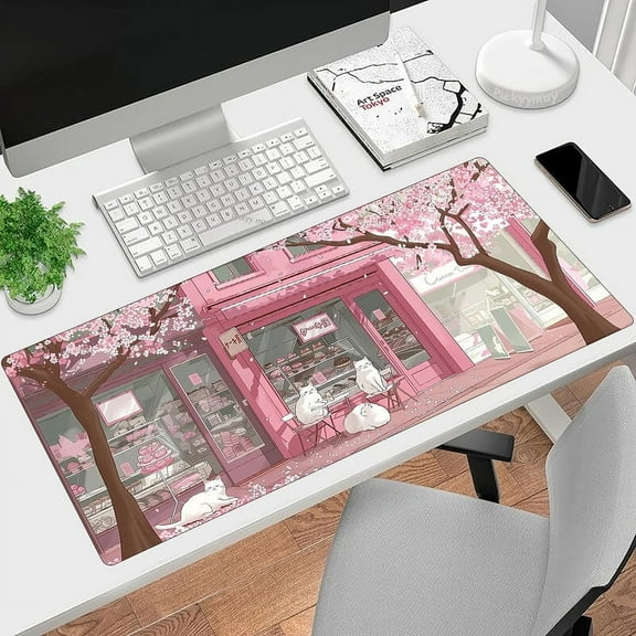 Large Pink Cherry Blossoms Anime Cats Mouse Pad - Non-Slip, Waterproof Rubber Base 31.5x11.8 inch Gaming Deskpad with Stitched Edges