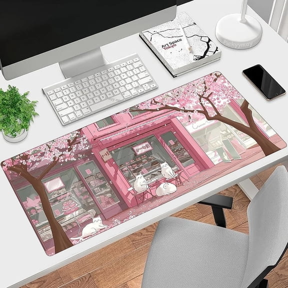 Large Pink Cherry Blossoms Anime Cats Mouse Pad - Non-Slip, Waterproof Rubber Base 31.5x11.8 inch Gaming Deskpad with Stitched Edges