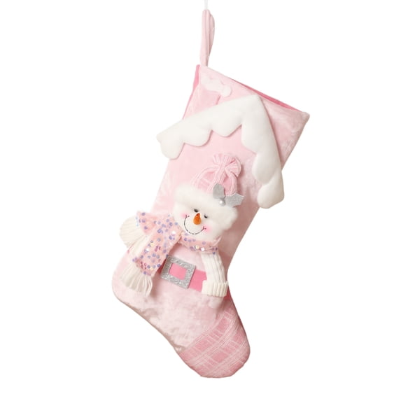 Large Pink Christmas Stocking with 3D Plush Snowman Figure, 16.54in Xmas Hanging Ornament Shiny Gift Bag with Rope for Holiday and Party
