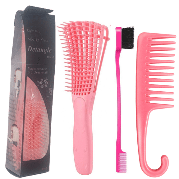 Large Pink Detangling Brush for Curly Afro Wavy Thick Wet & Dry Brush + Detangling Comb & Edge Brush