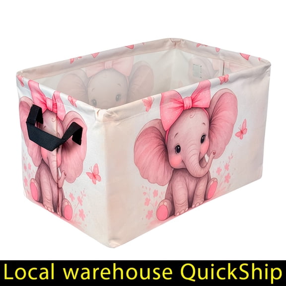 Large Pink Elephant Print Foldable Storage Basket - Thickened Oxford Cloth-like Laundry Hamper with Elephant & Heart Patterns, ' Organizer for Clothes,, Bathroom -Cute Room Gift Basket, Shelf Baskets