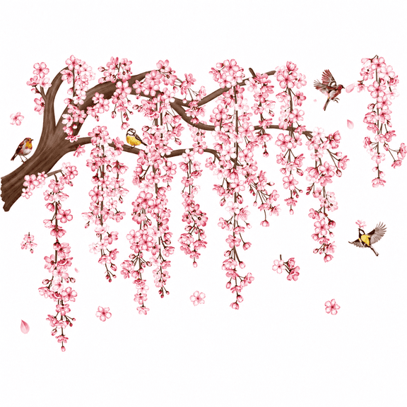 Large Pink Flower Tree Branch Wall Decals Cherry Blossom Tree Floral Birds Wall Stickers Living Room Bedroom Tv Background Wall Decor
