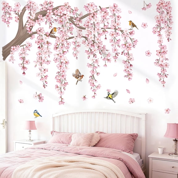 Large Pink Flower Tree Wall Decals, Cherry Blossom Tree Branch Flower Petal Birds Stickers, High Coverage Wall Decorations for Living Room TV Background Bedroom