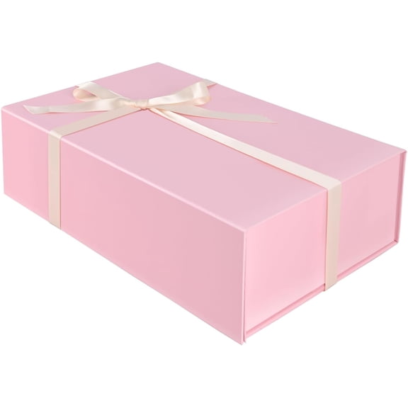 Large Pink Gift Box with Magnetic Lid and Ribbon, 13.8"x9.1"x4.3" | Collapsible Bridesmaid Groomsman Proposal Boxes, Packaging for Valentine's Day Mother's Christmas Birthday Wedding