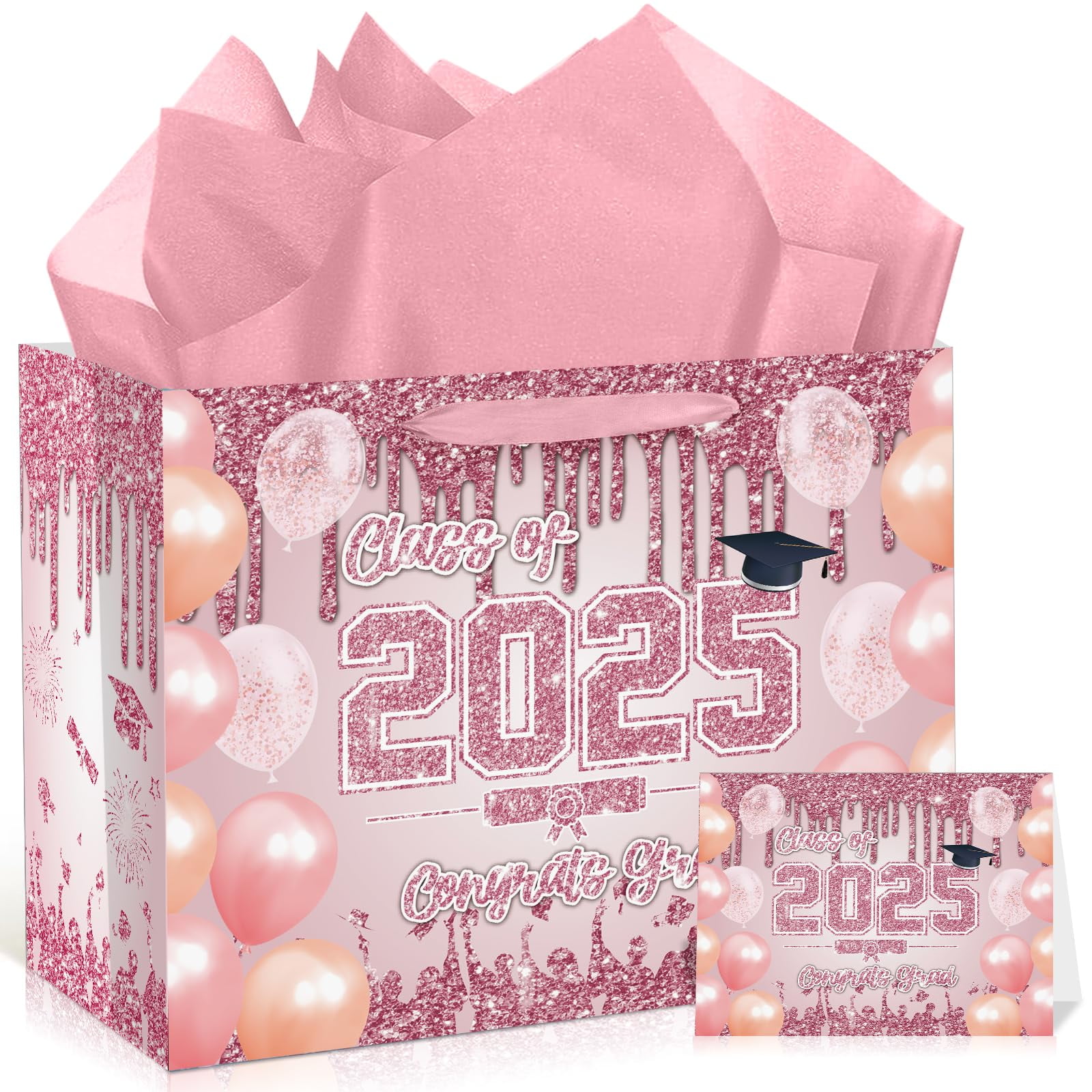 Pink Graduation Gift Bag With Tissue Paper And Cards, 13'' Congrats Grad Wrapping Treat Bag For Class Of 2025, Favors For Women Girls Senior Junior College