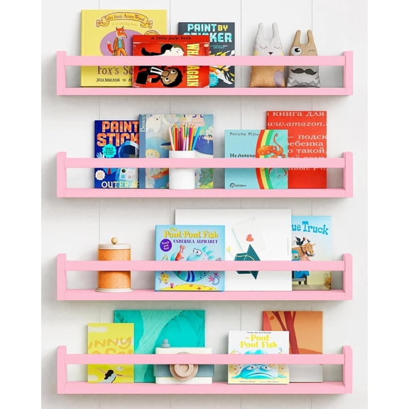 Large Pink Kids Book Shelves for Girls Room Wall Set of 4, Floating Nursery Book Shelf for Baby Girl Deocr, 24 Inches Long Wall Mounted Bookshelf for Toddler Kid Child Teens Bedroom (Pink)