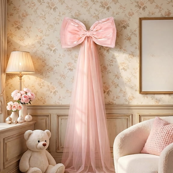 Large Pink Pearl Silk Satin Bow Decoration Hanging Train, Wedding Background Netting Bow, Elegant Versatile Drape Accessory, Festive Home Party Decor for Ceremony