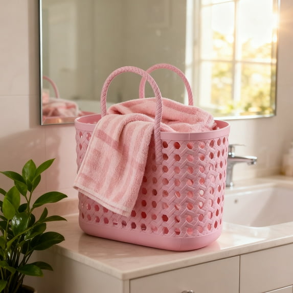 Large Pink Portable Bath Basket - Plastic Storage Basket for Bathroom & Bathhouse, Handheld Toiletry Storage Basket for Home Use, Spacious Bath Organizer for Toiletries & Essentials, Pink