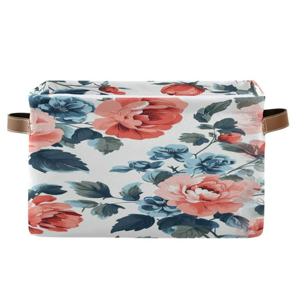 Large Pink Roses Foldable Storage Basket,Canvas Fabric Foldable Storage Bins with Handles Open Home Storage Bins Boxes for Toy Book Shelf Closet Baskets