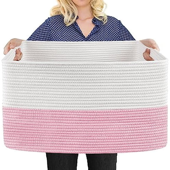 Large Pink Storage Basket, 22" x 17" x 12" Rectangle Cotton Rope Bin for Organizing, Woven Blanket storage for Living Room, Kids Toy Bin Box, Decorative Nursery Storage, Pink Room Decor