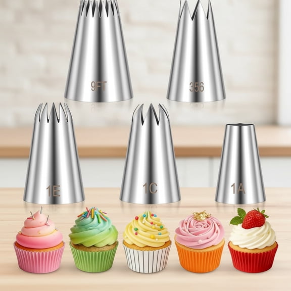 Large Piping Tips, 5PCS Cake Decorating Tips Stainless Steel Star Tip for Piping Frosting Tip Icing-Tips for Cake Decorating DIY Cookie Nozzle Tool for Cupcakes (1A 1E 1C 9FT 356)
