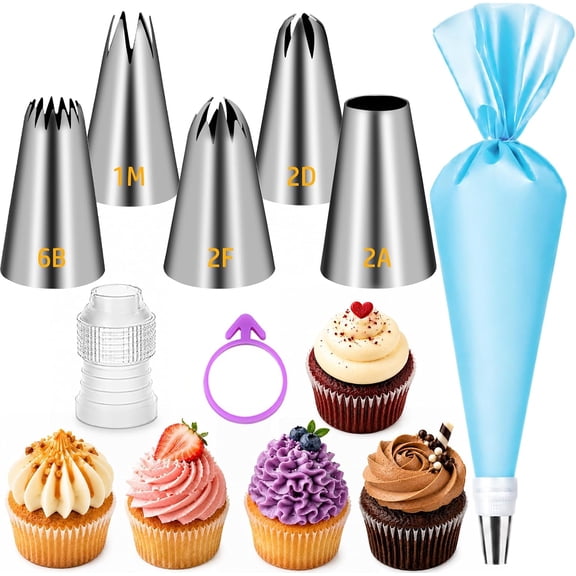 Large Piping Tips Set, 1M 2D 2F 6B 2A with Reusable Bag | 5 Large Cake Decorating Tips with Reusable Piping Bag and Coupler for Swirls, Flowers, Rosettes, Stars and Frosting Borders