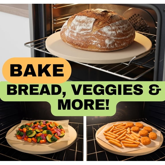 Large Pizza Stone for Oven 16 inch - Round Pizza Stone for Grill with Handles, Wood Pizza Peel and Cutter Set - Baking Stone for Bread - Pizza Making Kit Accessories - Gifts for Food Lovers