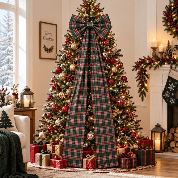 Large Plaid Christmas Bow, 16 x 63 in Oversized Long Tail Holiday Decoration for Christmas Tree Topper, Front Door, Wreath, Mantel, Window & Party