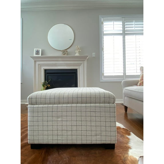 Large Plaid Linen Upholstered Roland Storage Cocktail Coffee Table Ottoman footstool-Cottage and Farmhouse coffee table-Large storage-Hinged lid
