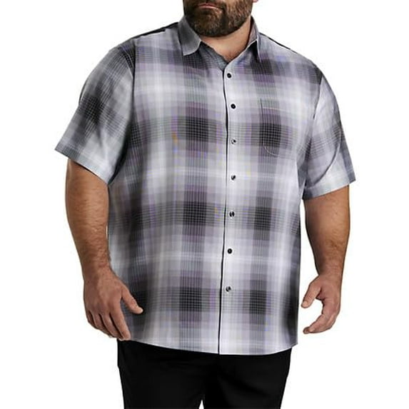 Large Plaid Microfiber Sport Shirt Black White 2XL