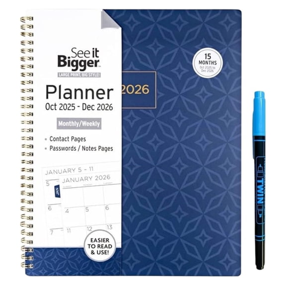 Large Planner 2025-2026, Monthly & Weekly Schedule Book, 8.5x11 Planner, Navy Academic Planner, Work Organizer with Twin Fluorescence Pen