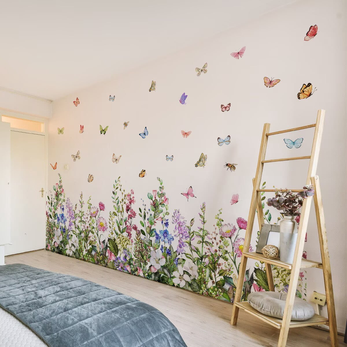 Large Plant Grass Wall Corner Stickers Flower wall stickers Flowers with Butterflies Base Board Skirting Line Wall Decals for Bedroom Living Room Staircase Kitchen