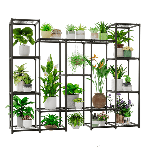 Large Plant Stand Indoor Outdoor Metal Plant Shelf Waterproof Plant Rack for Multiple Plants Wide Flower Stand for Patio Balcony Garden Black