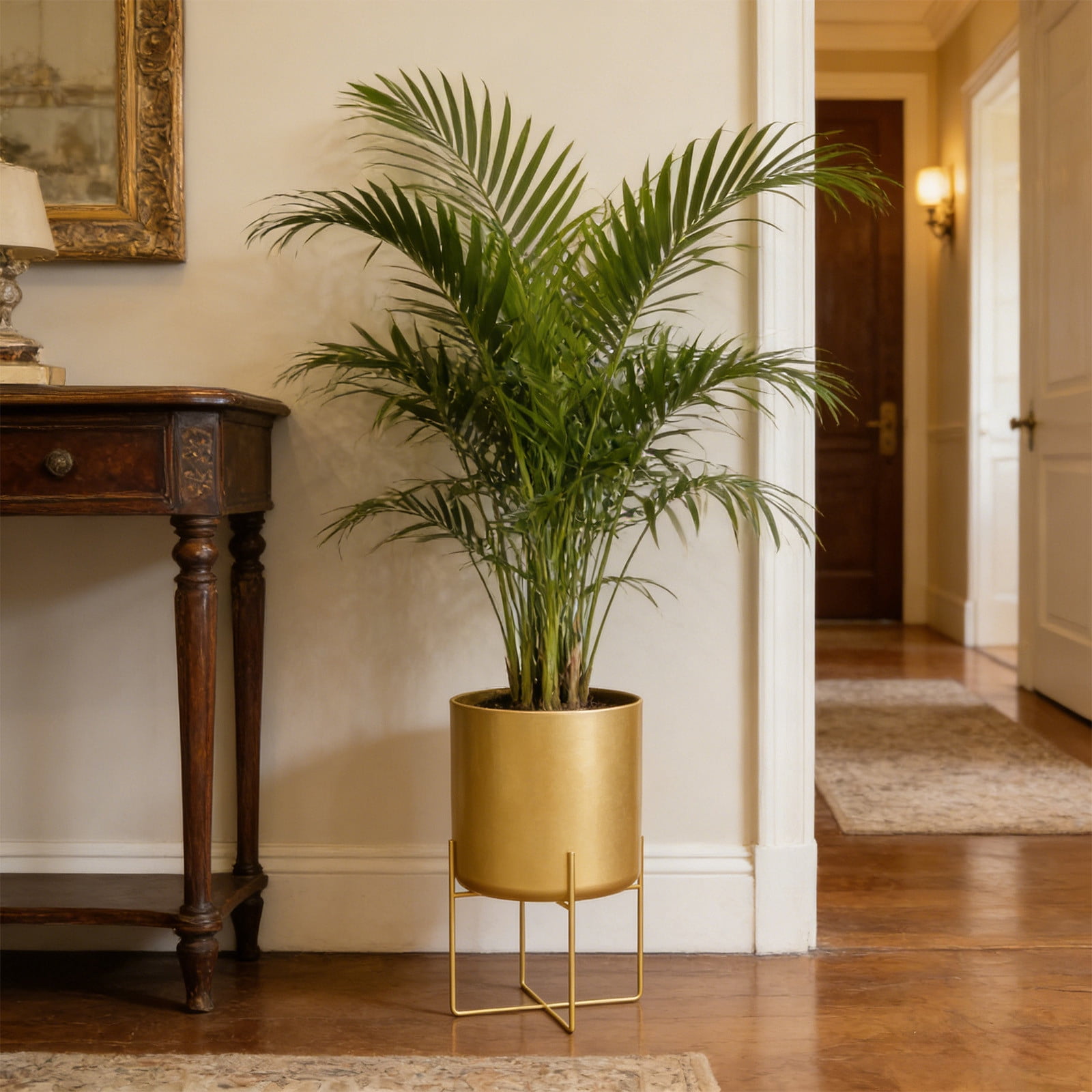 Large Planters With Stand Gold Planter For Indoor Plants 12.6" Tall Morden Metal Plant Pots For Living Room Corner Kitchen Office Garden Patio Decor, Decorative Floor Planters With Drainage Holes