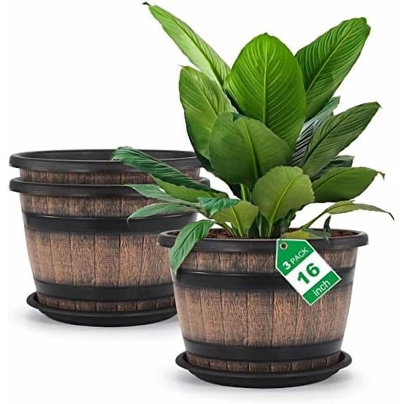 Large Plastic 3 Pack16 inch Plant Pots,Whiskey Barrel Planters with Drainage Holes & Saucer.Flower Pots Imitation Wine Barrel Design for Indoor & Outdoor Garden Balcony Plants.7 Gallons(Brown)