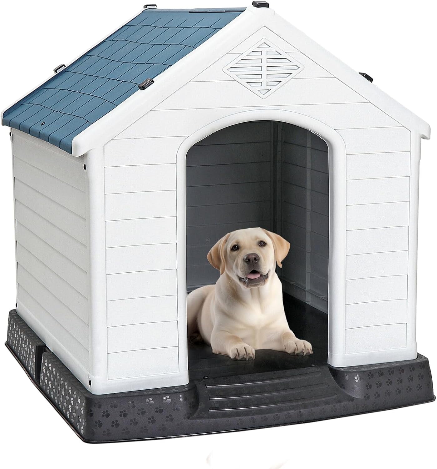 Large Plastic Dog House Indoor Outdoor Doghouse Dog Kennel Easy to Assemble Puppy Shelter with Air Vents Elevated Floor Waterproof