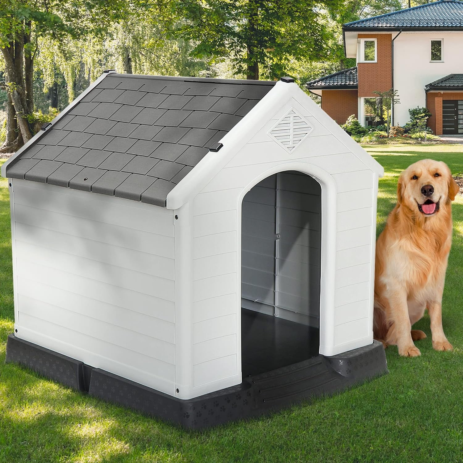 ZYJOYY 46 Large Outdoor Dog House, Durable Waterproof Plastic Dog House For XXL Large Dogs, Indoor & Outdoor Dog Kennel With Raised Floor  Cement Gray 46 L X 40 W