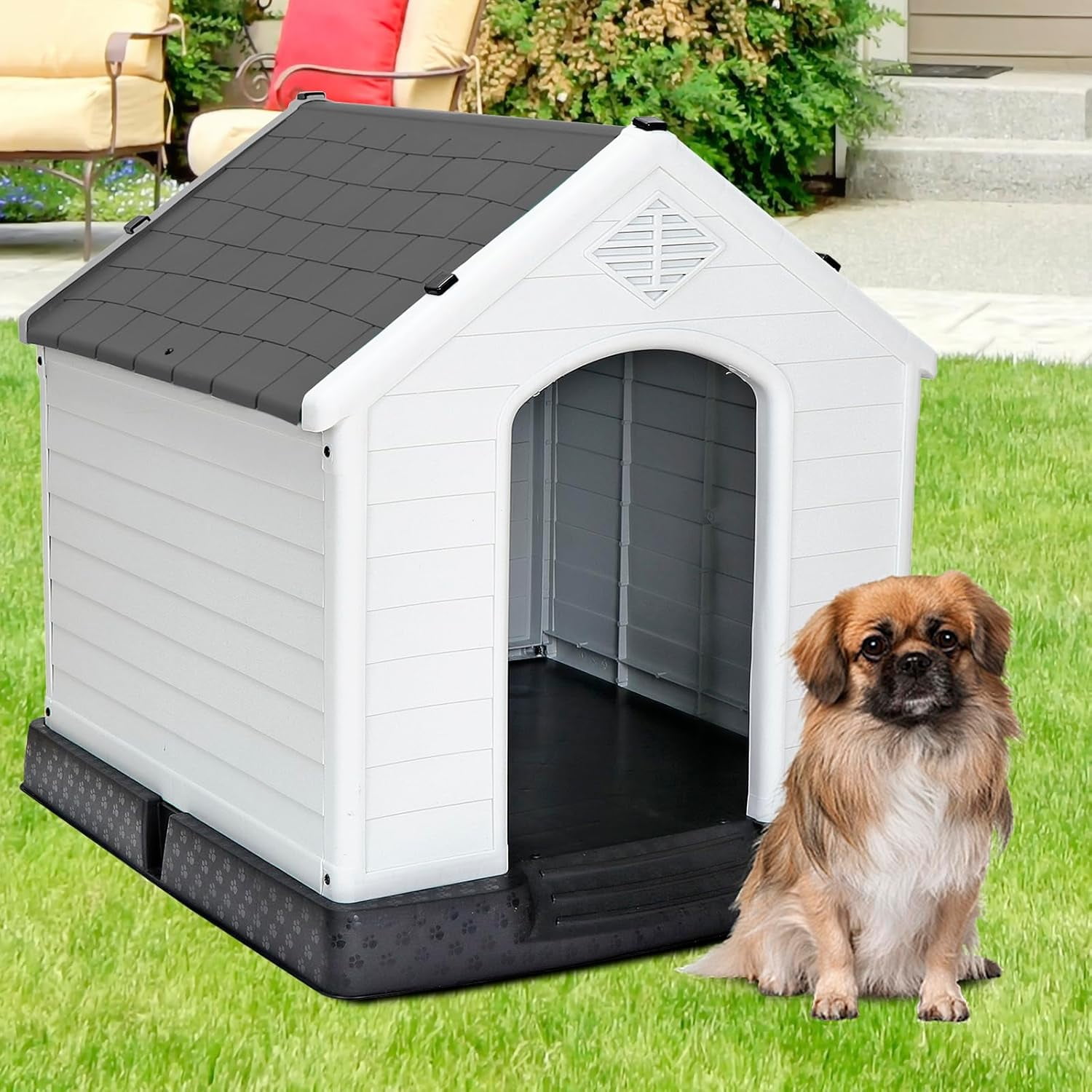 Large Plastic Dog House, Outdoor Indoor Waterproof Doghouse Pet Dog
