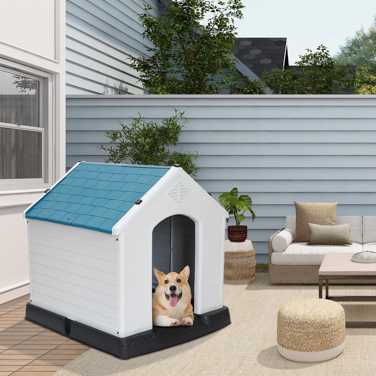 Large Plastic Dog House, Outdoor Indoor Waterproof Doghouse Pet Dog
