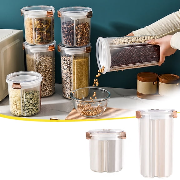 Large Plastic Grain Storage Bin with Divided Compartments, Airtight Seal, and Stackable Design for Household Food Organization