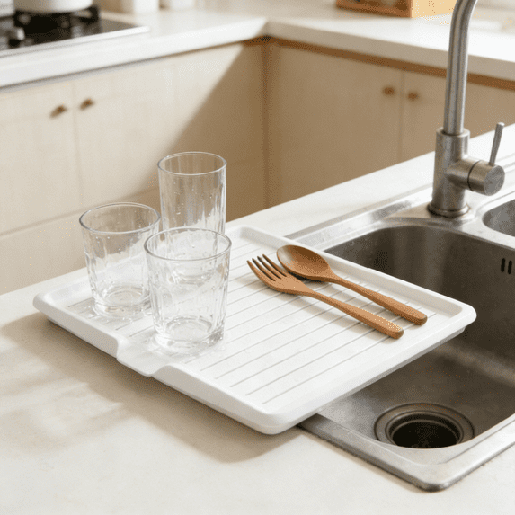 Large Plastic Kitchen Tray | 17.6 x 12.2 Inch Rectangular Dish Drying Rack | Multi-Purpose Drain Board for Dishes, Fruits & Vegetables | Space-Saving Hanging Hole | Countertop Organizer