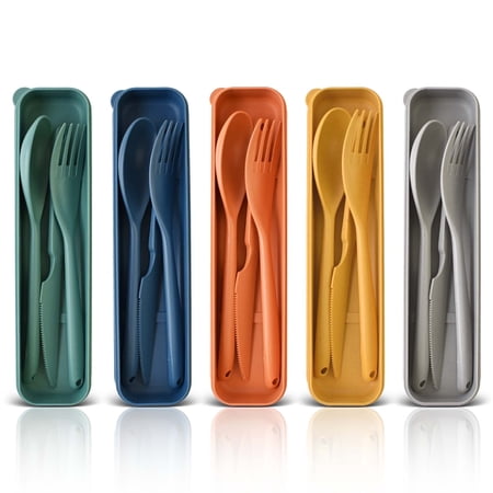 Large Plastic Knife Fork Spoons Cutlery, 5 Sets Reusable Travel Utensils Set with Case