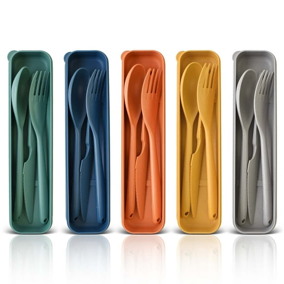 Large Plastic Knife Fork Spoons Cutlery, 5 Sets Reusable Travel Utensils Set with Case