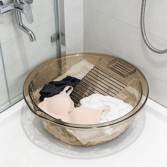 Large Plastic Laundry Basin with Built-In Scrubbing Board, Durable Clear Multi-Purpose Washing Bucket for Clothes, Soaking, and Household Cleaning